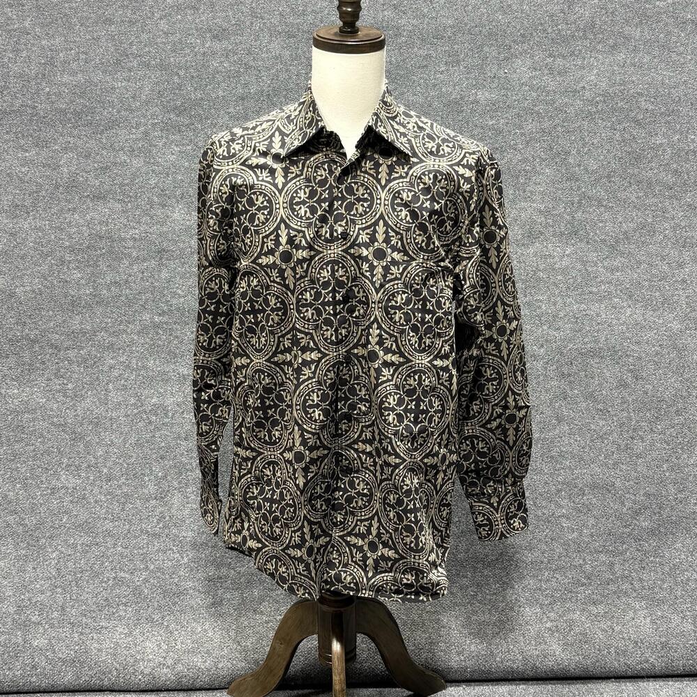 TUTTLE Shirt Mens Large Black Geometric Made In Italy Button Front Long Sleeve